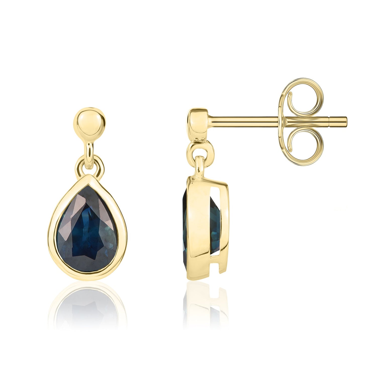 9ct Yellow Gold Pear Shaped Natural Blue Sapphire Drop Earrings — 7x5mm