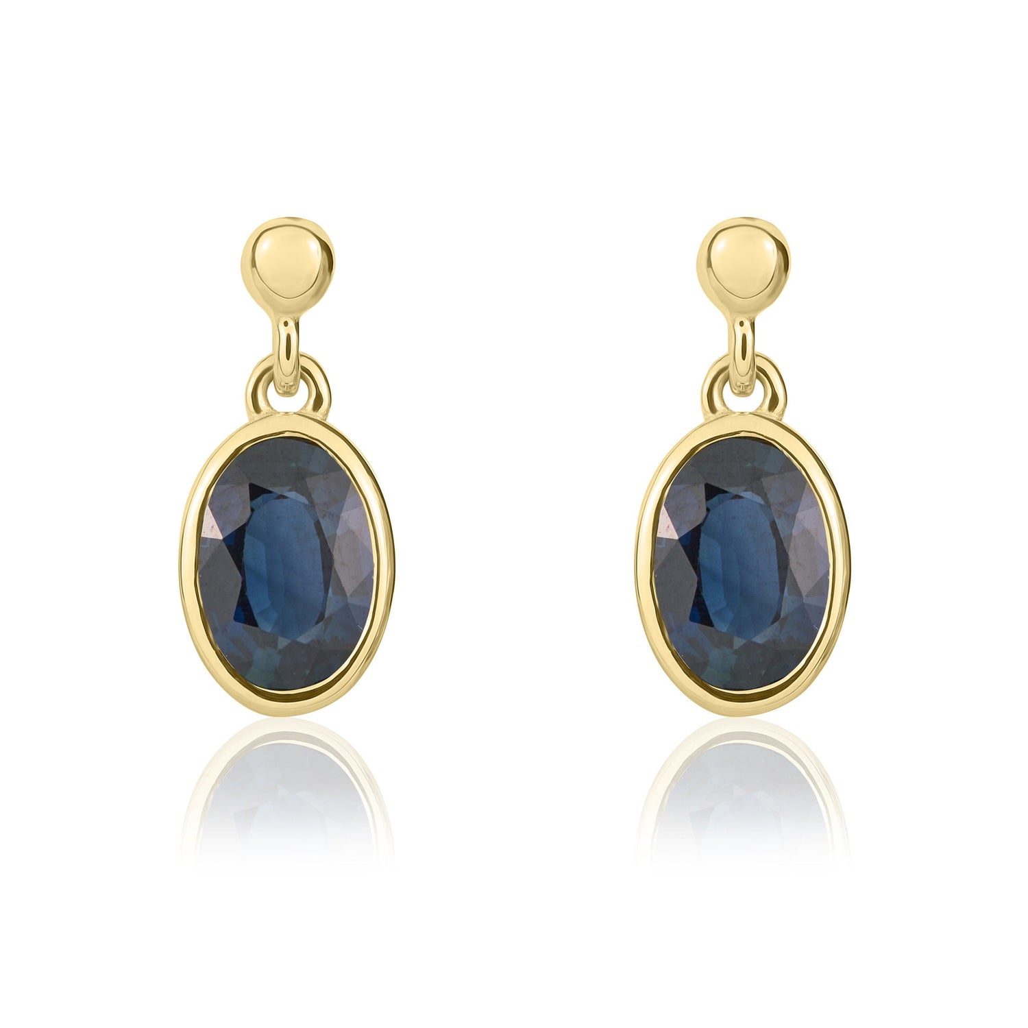 9ct Yellow Gold Oval Shaped Natural Blue Sapphire Drop Earrings — 6x4mm