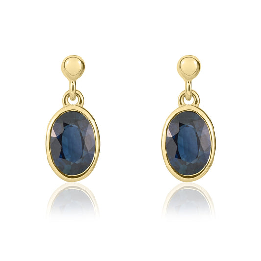 9ct Yellow Gold Oval Shaped Natural Blue Sapphire Drop Earrings — 6x4mm
