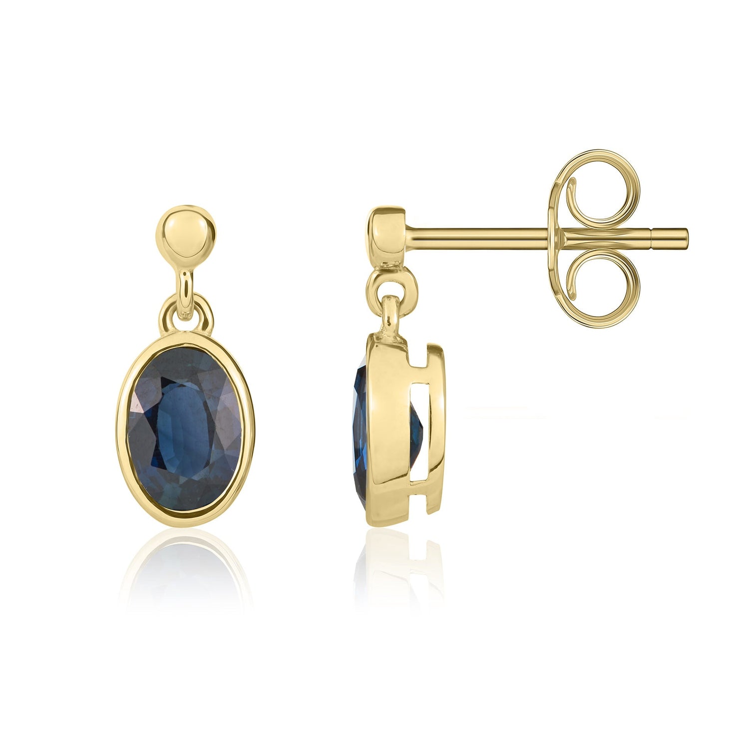 9ct Yellow Gold Oval Shaped Natural Blue Sapphire Drop Earrings — 6x4mm