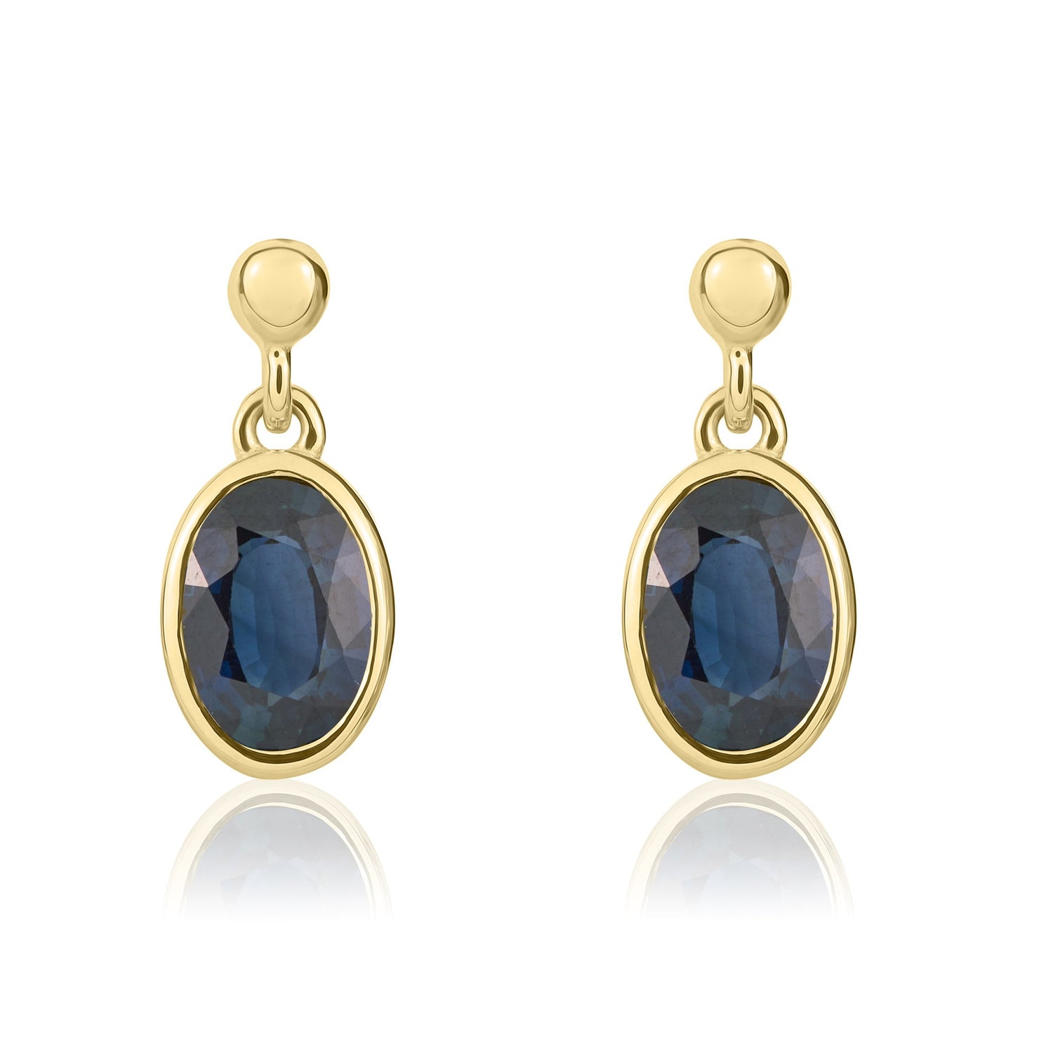 9ct Yellow Gold Oval Shaped Natural Blue Sapphire Drop Earrings — 7x5mm