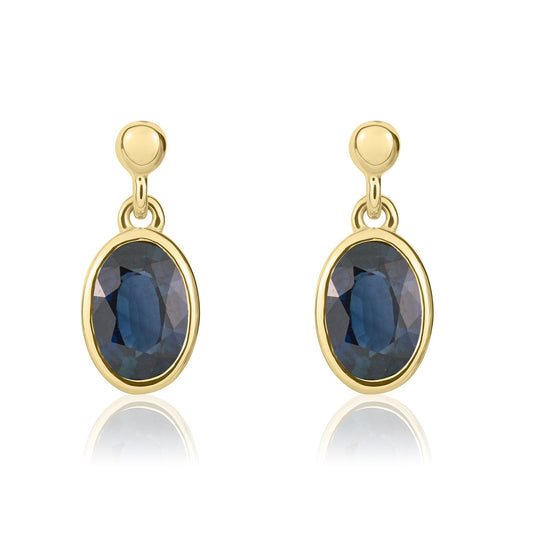 9ct Yellow Gold Oval Shaped Natural Blue Sapphire Drop Earrings — 7x5mm