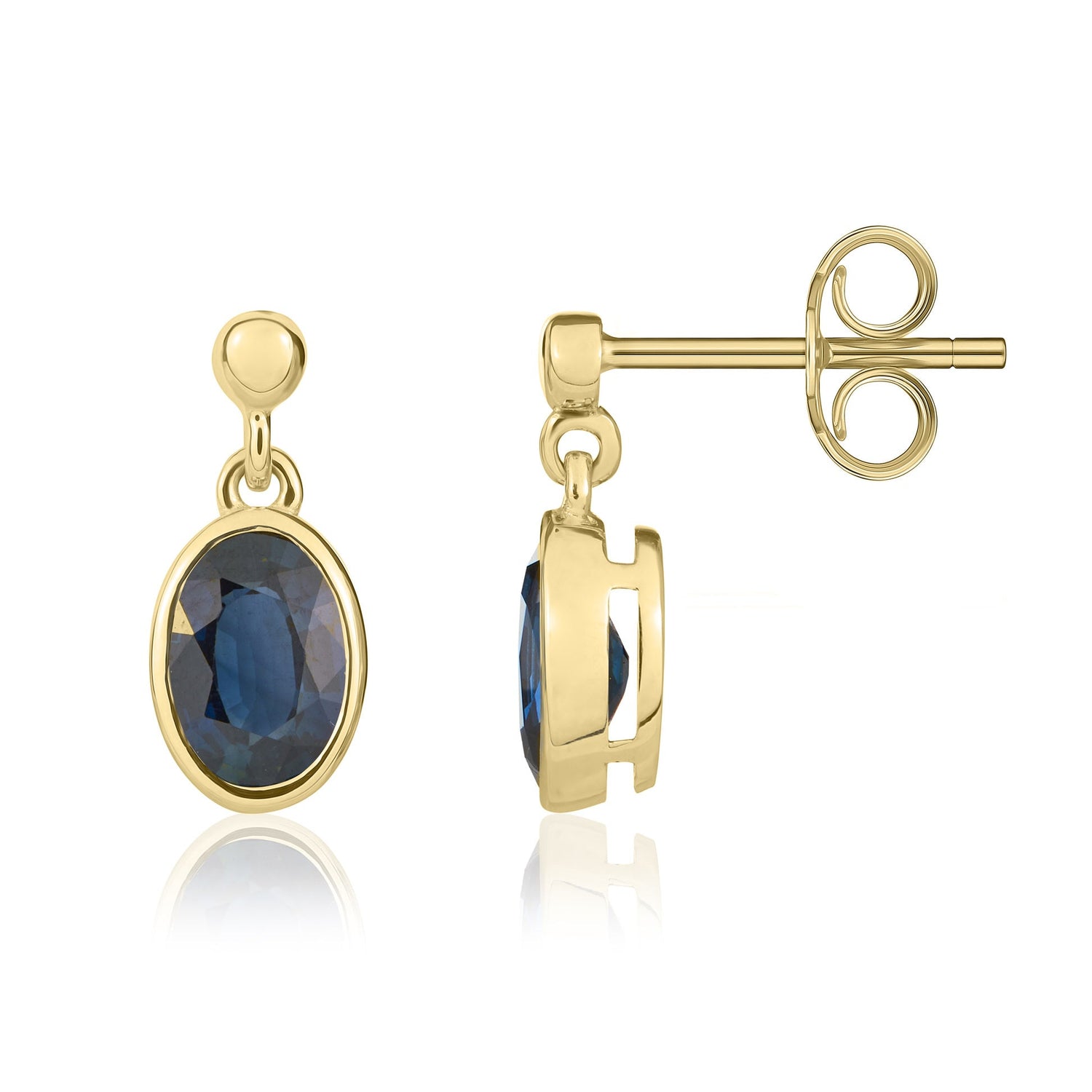 9ct Yellow Gold Oval Shaped Natural Blue Sapphire Drop Earrings — 7x5mm