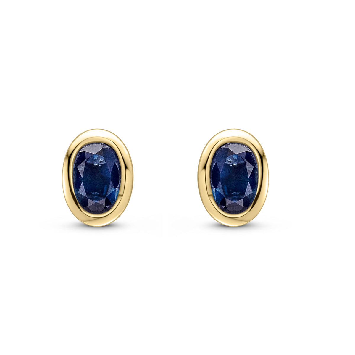 9ct Yellow Gold Oval Natural Sapphire Rubover Stud Earrings — 4x3mm