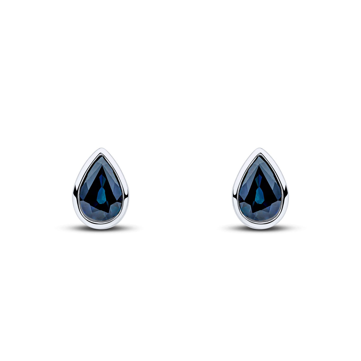 9ct White Gold Pear Shaped Natural Sapphire Rubover Stud Earrings — 7x5mm