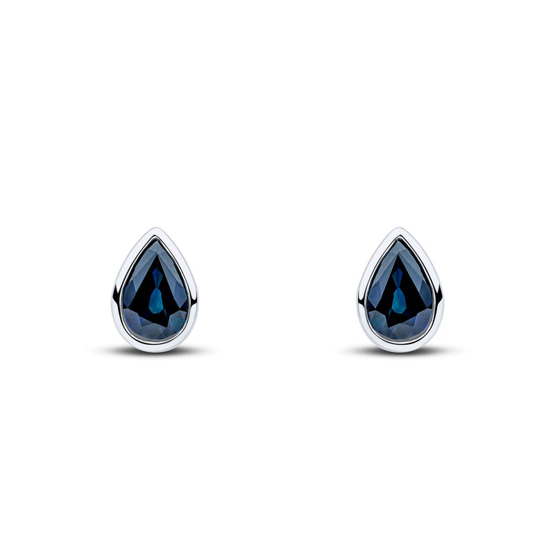9ct White Gold Pear Shaped Natural Sapphire Rubover Stud Earrings — 7x5mm