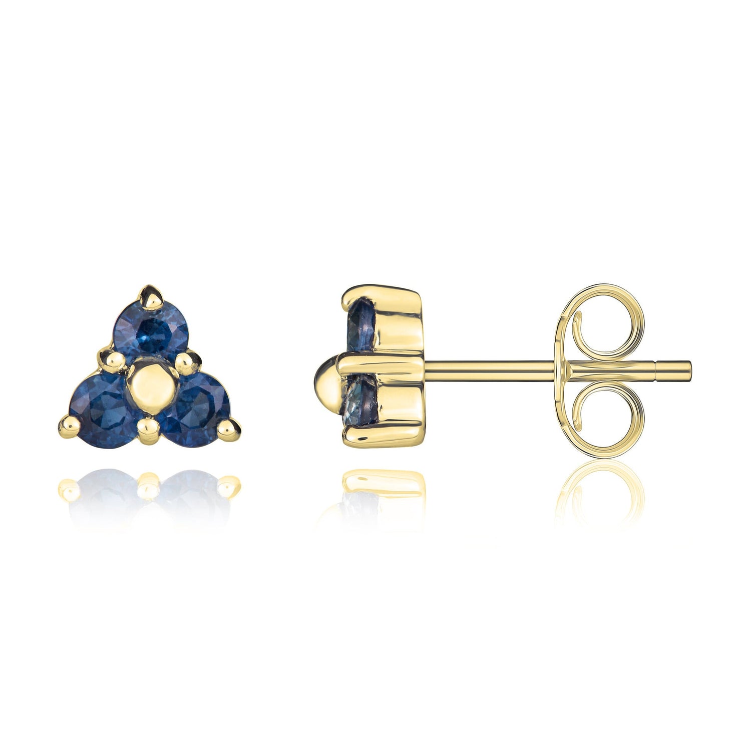 9ct Yellow Gold Round Trefoil Blue Sapphire Stud Earrings