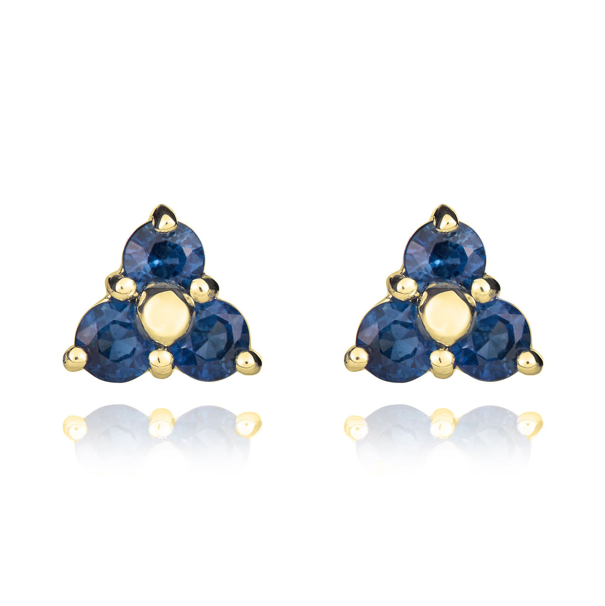9ct Yellow Gold Round Natural Sapphire Trefoil Claw Stud Earrings