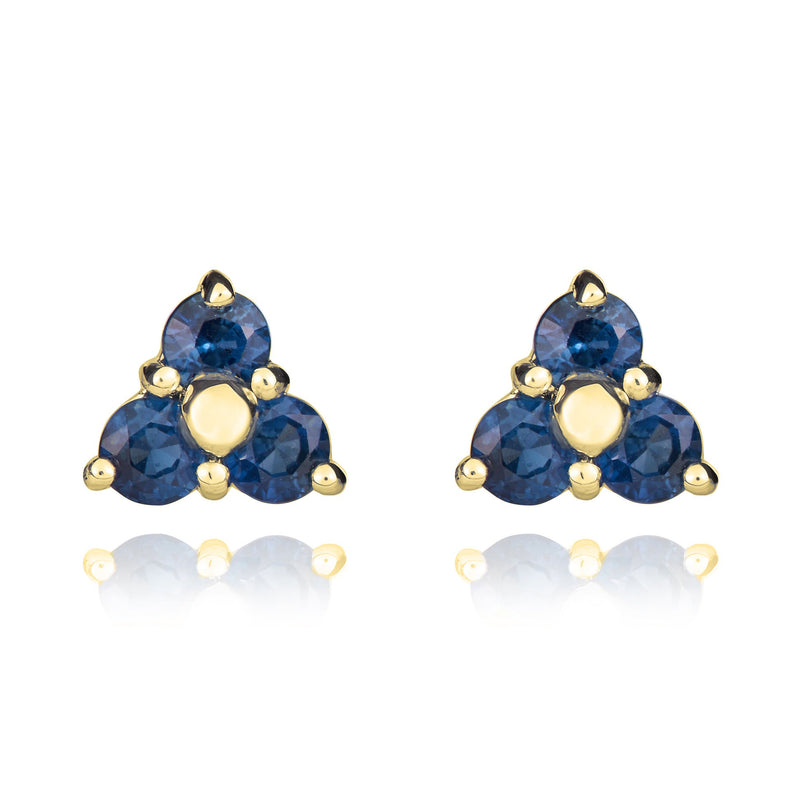 9ct Yellow Gold Round Natural Sapphire Trefoil Claw Stud Earrings