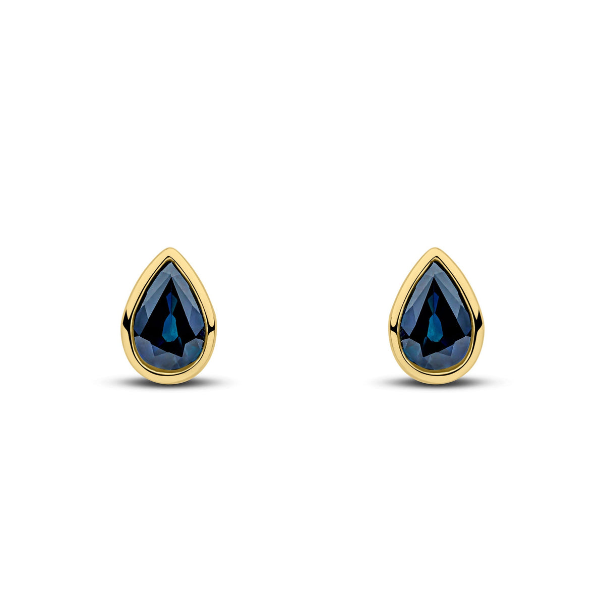 9ct Yellow Gold Pear Shaped Natural Sapphire Rubover Stud Earrings — 7x5mm