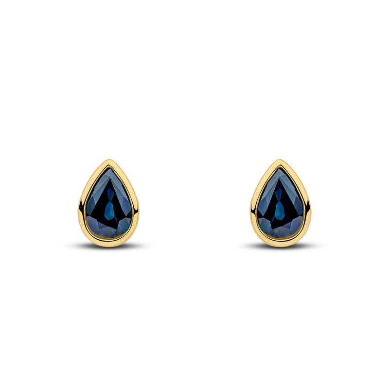 9ct Yellow Gold Pear Shaped Natural Sapphire Rubover Stud Earrings — 7x5mm