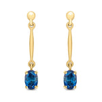 9ct Yellow Gold Oval Natural Sapphire Claw Bar Drop Earrings — 6x4mm