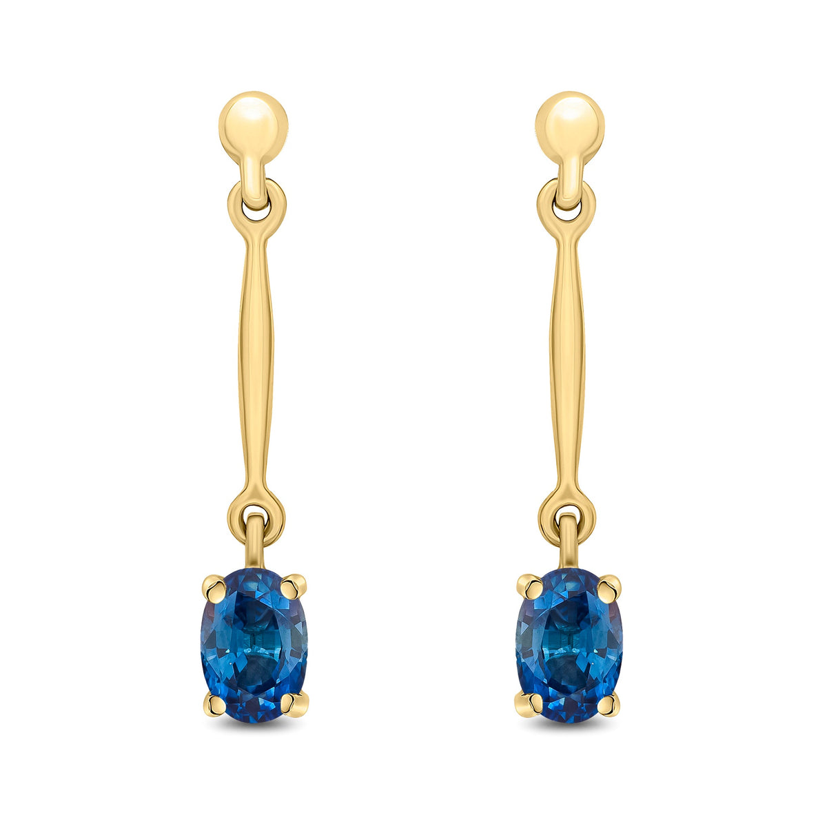 9ct Yellow Gold Oval Natural Sapphire Claw Bar Drop Earrings — 6x4mm