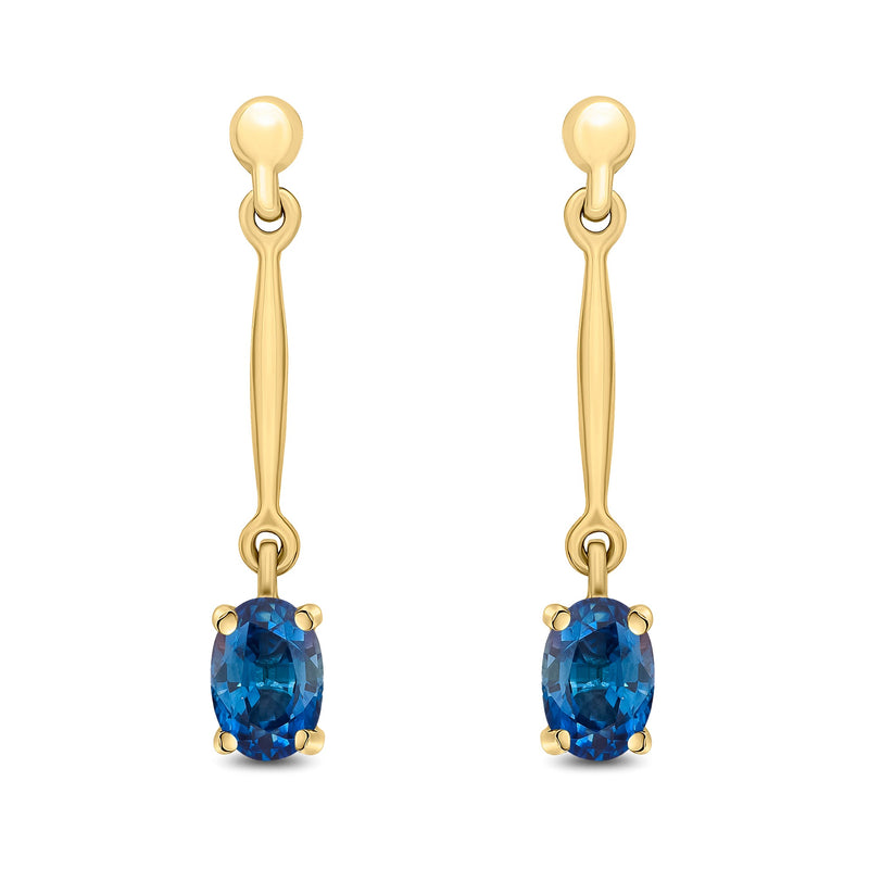 9ct Yellow Gold Oval Natural Sapphire Claw Bar Drop Earrings — 6x4mm