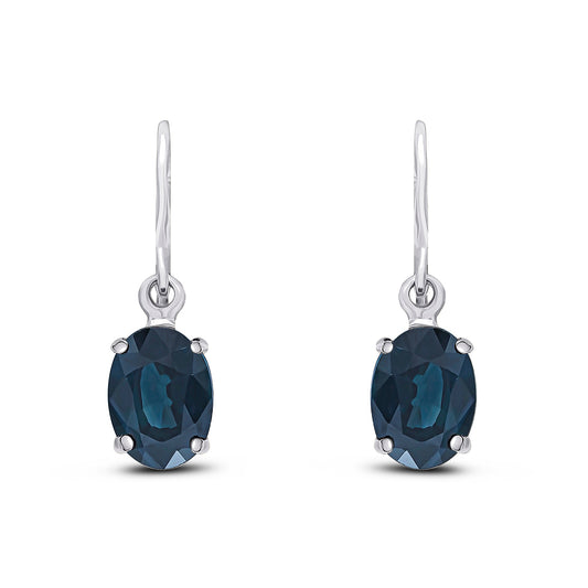 9ct White Gold Oval Sapphire Claw Set Hook Drop Earrings — 7x5mm