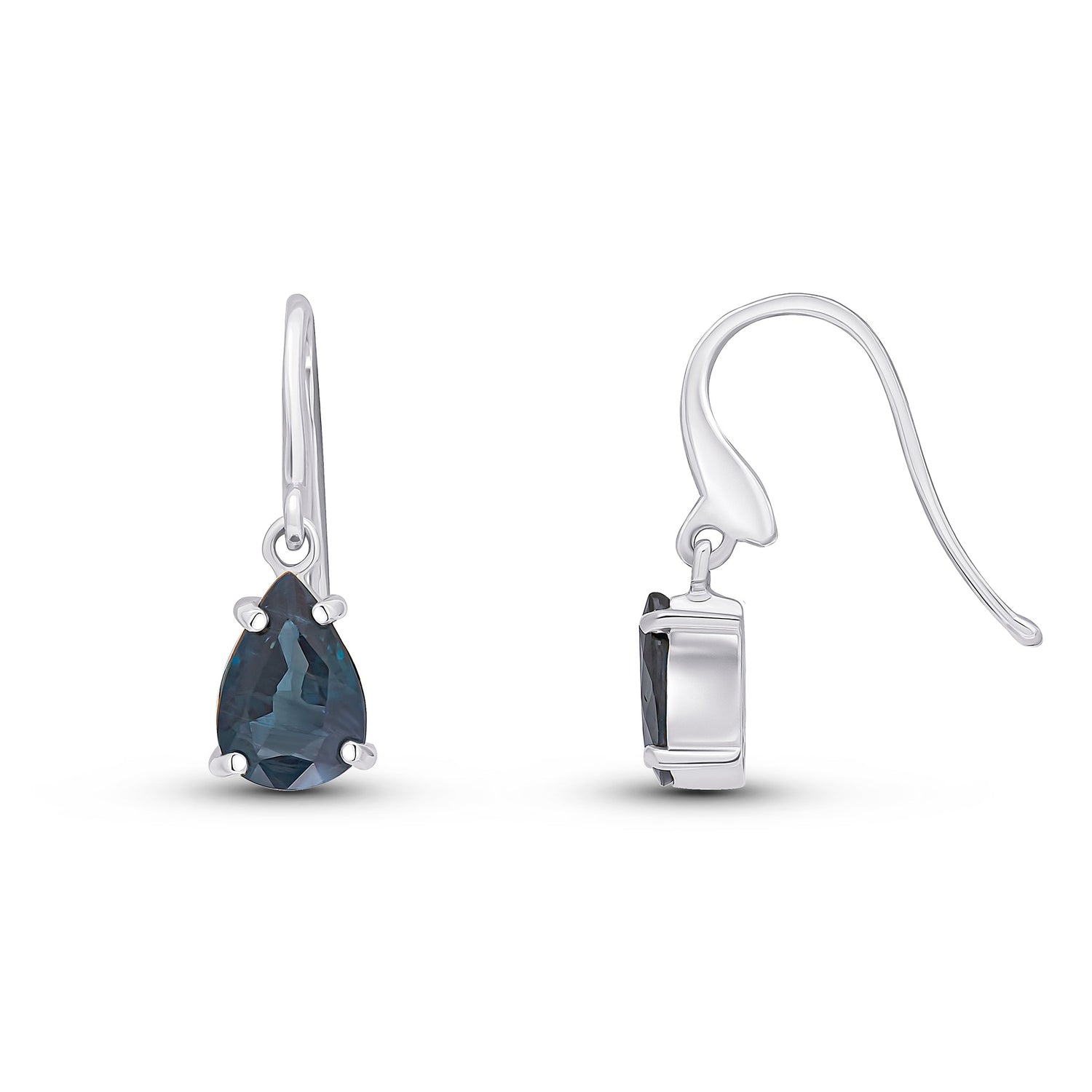 9ct White Gold Pear Shaped Natural Sapphire Claw Wire Hook Drop Earrings — 7x5mm