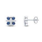 9ct White Gold Round Natural Sapphire Rubover Quatrefoil Stud Earrings with Cross Centre