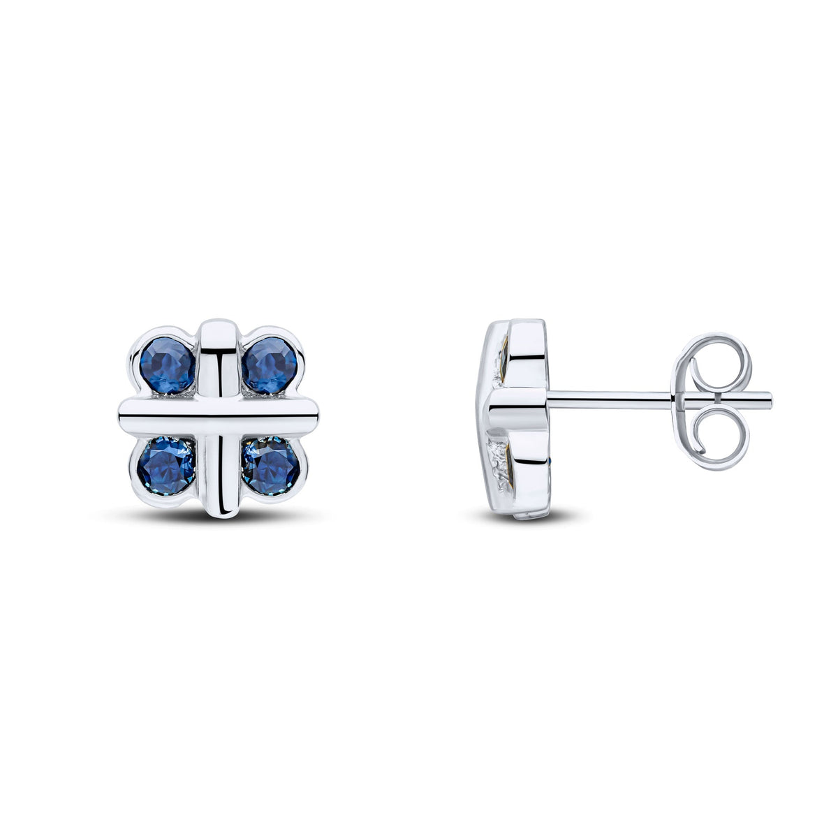 9ct White Gold Round Natural Sapphire Rubover Quatrefoil Stud Earrings with Cross Centre