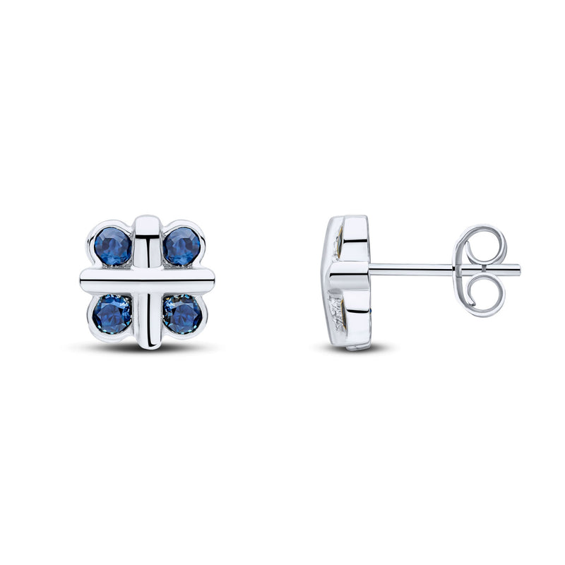 9ct White Gold Round Natural Sapphire Rubover Quatrefoil Stud Earrings with Cross Centre