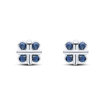 9ct White Gold Round Natural Sapphire Rubover Quatrefoil Stud Earrings with Cross Centre