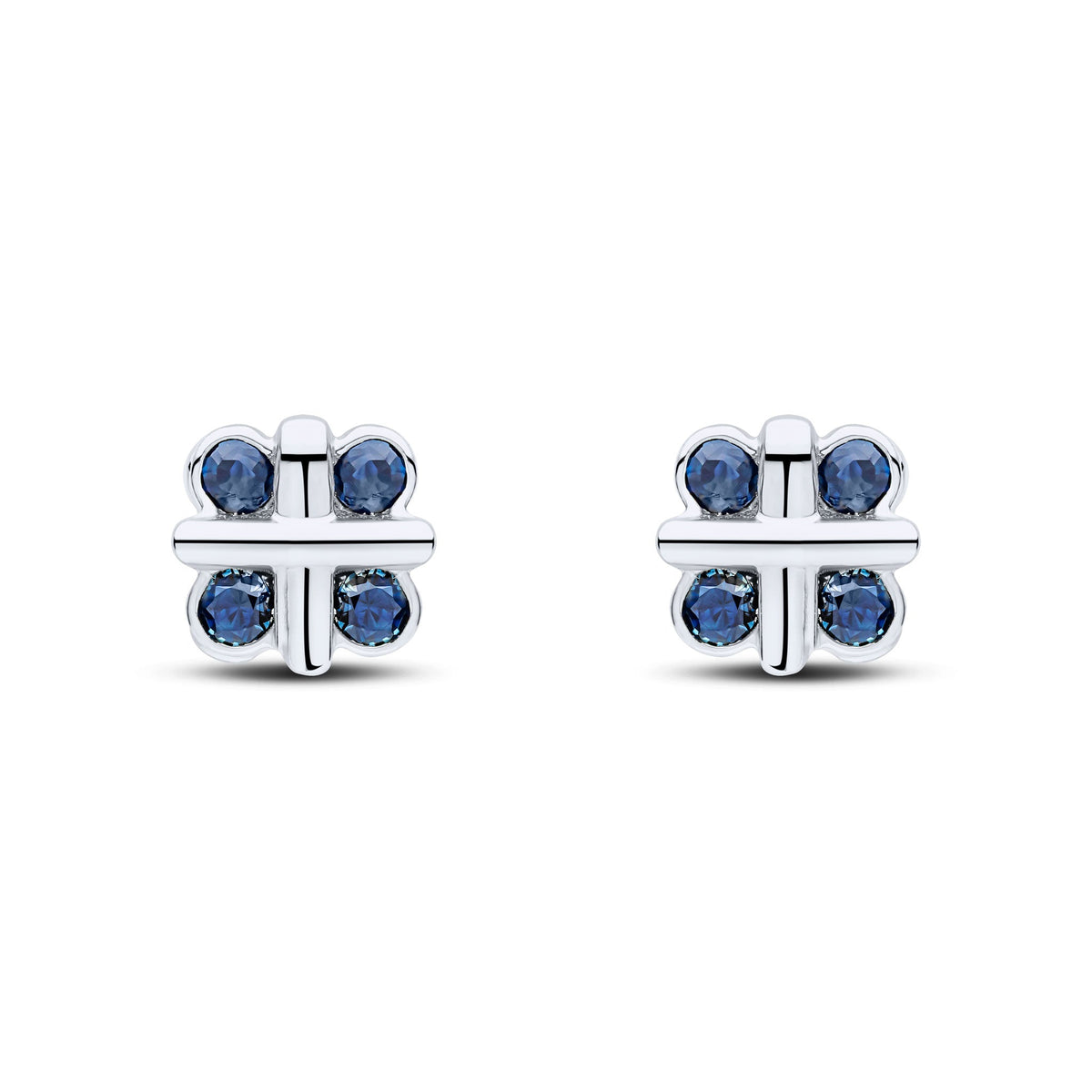 9ct White Gold Round Natural Sapphire Rubover Quatrefoil Stud Earrings with Cross Centre