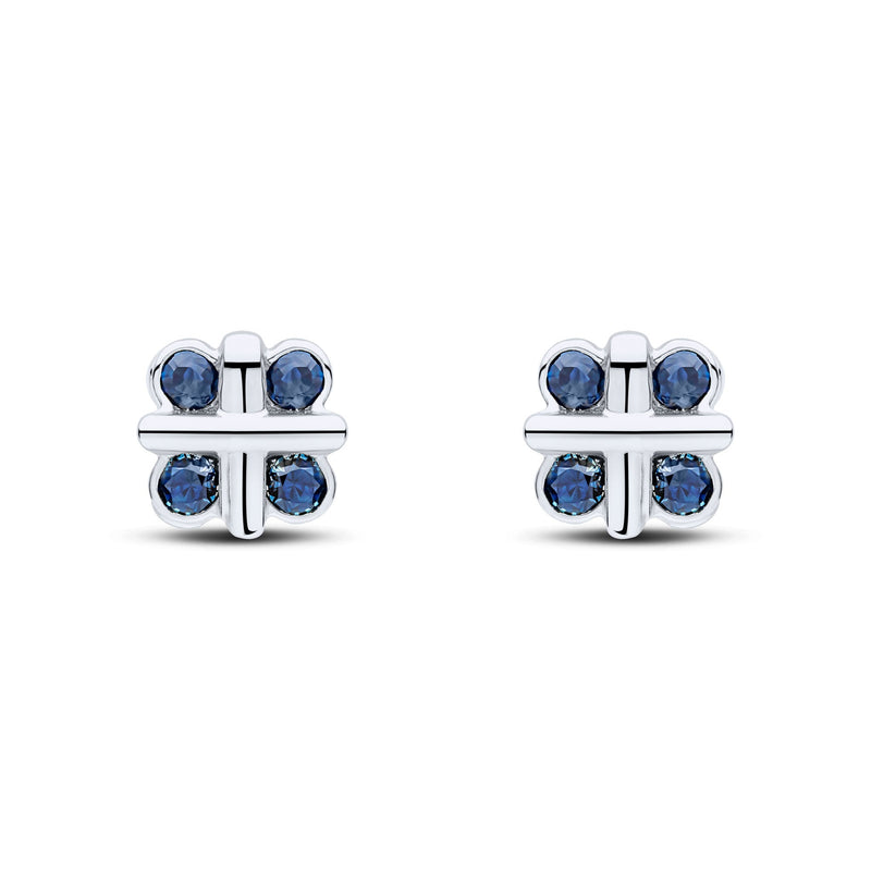 9ct White Gold Round Natural Sapphire Rubover Quatrefoil Stud Earrings with Cross Centre