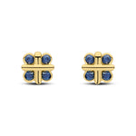 9ct Yellow Gold Round Natural Sapphire Rubover Quatrefoil Stud Earrings with Cross Centre