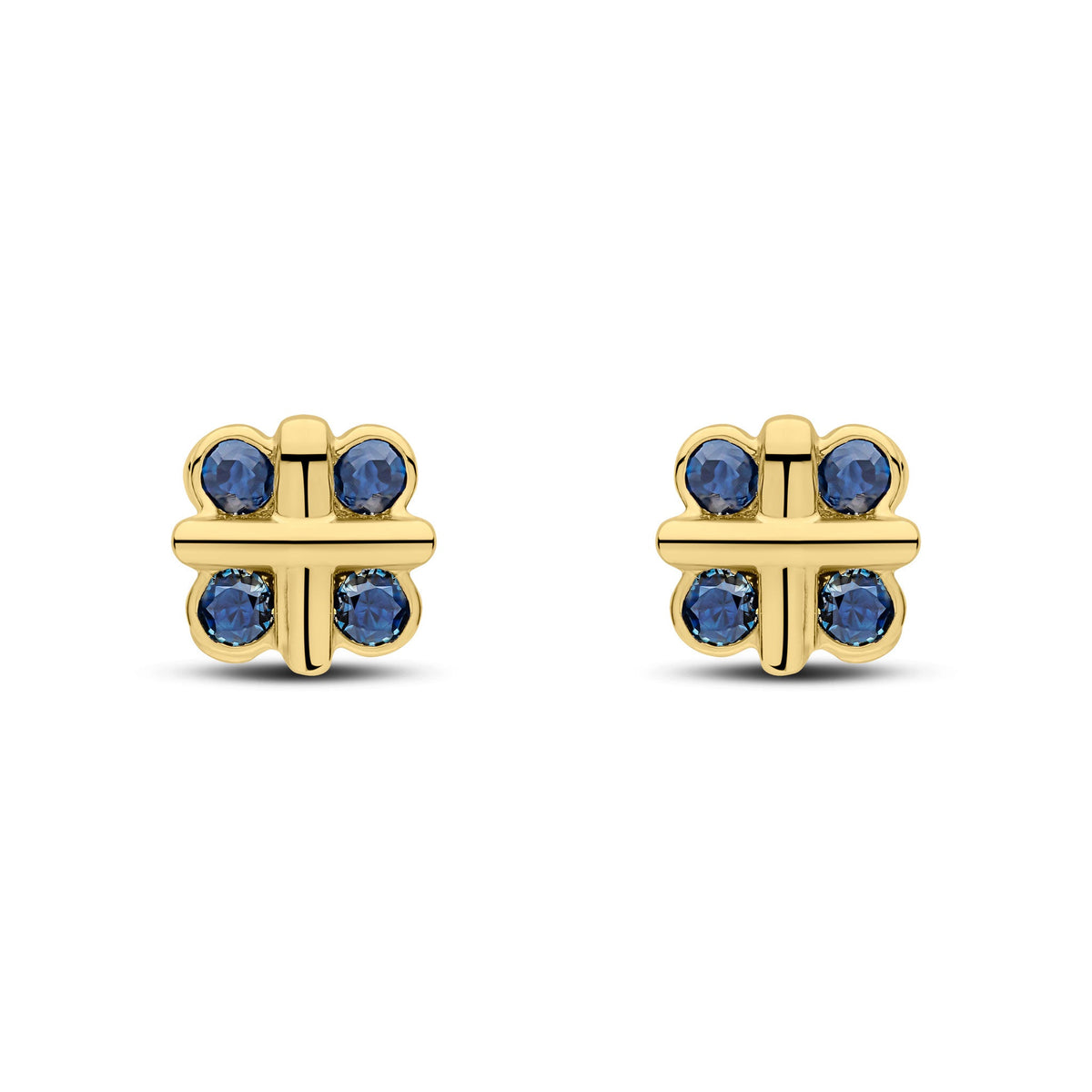 9ct Yellow Gold Round Natural Sapphire Rubover Quatrefoil Stud Earrings with Cross Centre