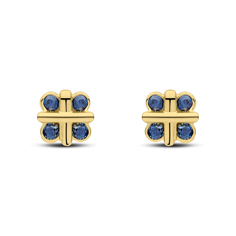 9ct Yellow Gold Round Natural Sapphire Rubover Quatrefoil Stud Earrings with Cross Centre