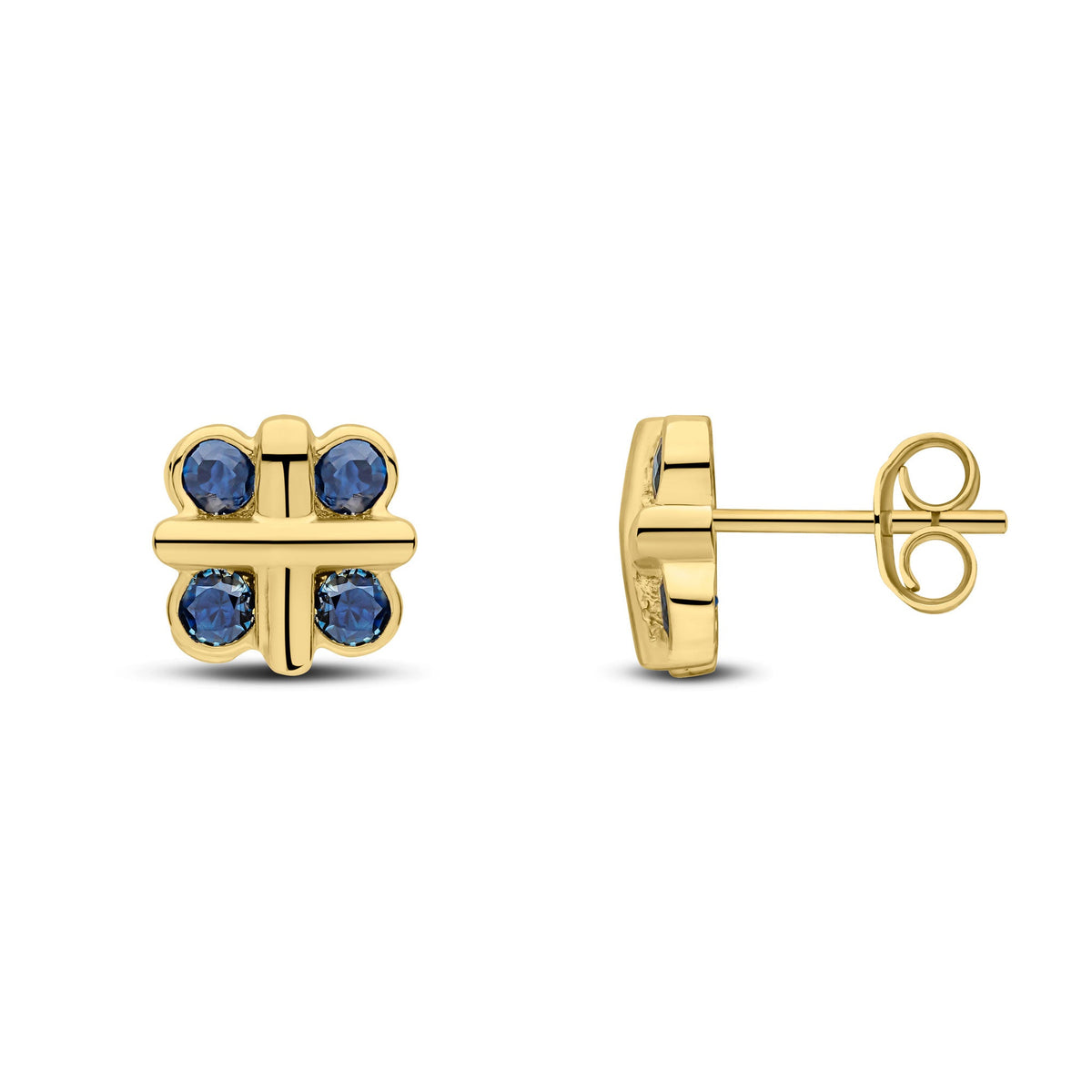 9ct Yellow Gold Round Natural Sapphire Rubover Quatrefoil Stud Earrings with Cross Centre