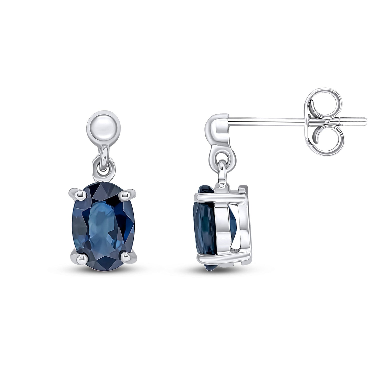 9ct White Gold Oval Natural Blue Sapphire Drop Earrings — 7x5mm