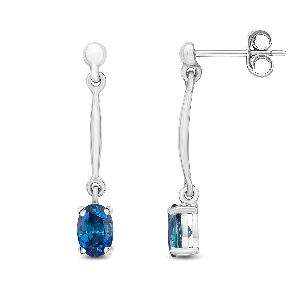 9ct White Gold Oval Natural Sapphire Claw Bar Drop Earrings — 6x4mm