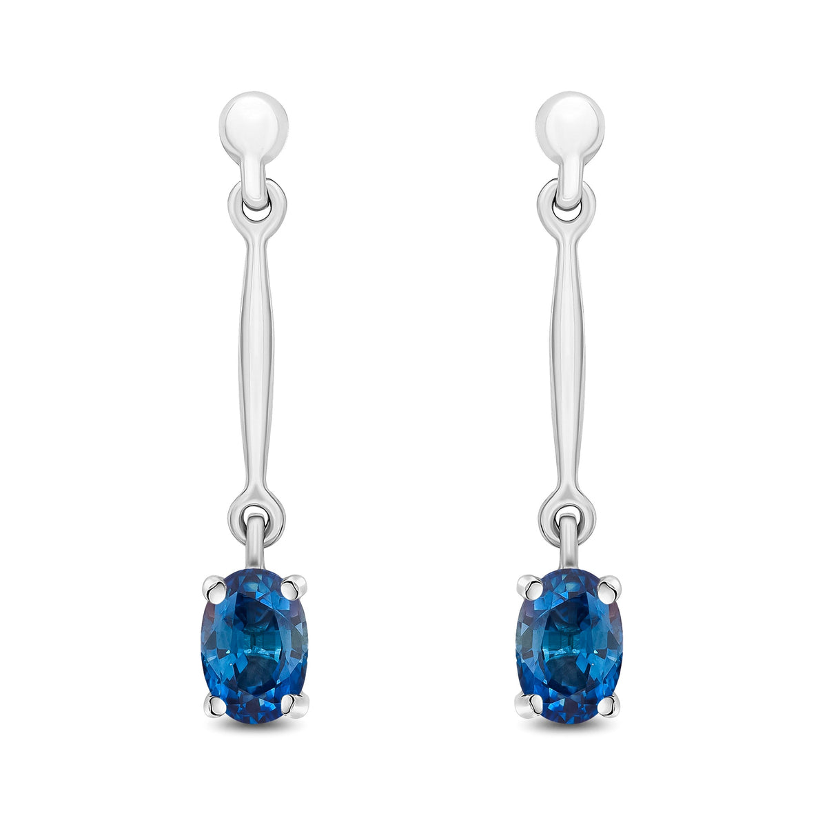 9ct White Gold Oval Natural Sapphire Claw Bar Drop Earrings — 6x4mm