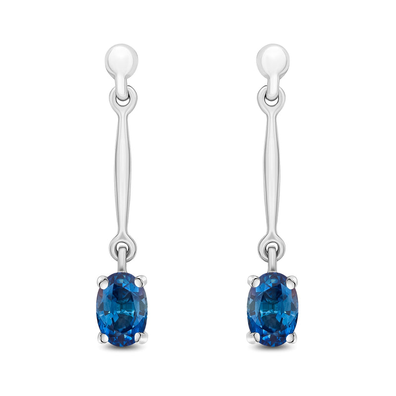 9ct White Gold Oval Natural Sapphire Claw Bar Drop Earrings — 6x4mm