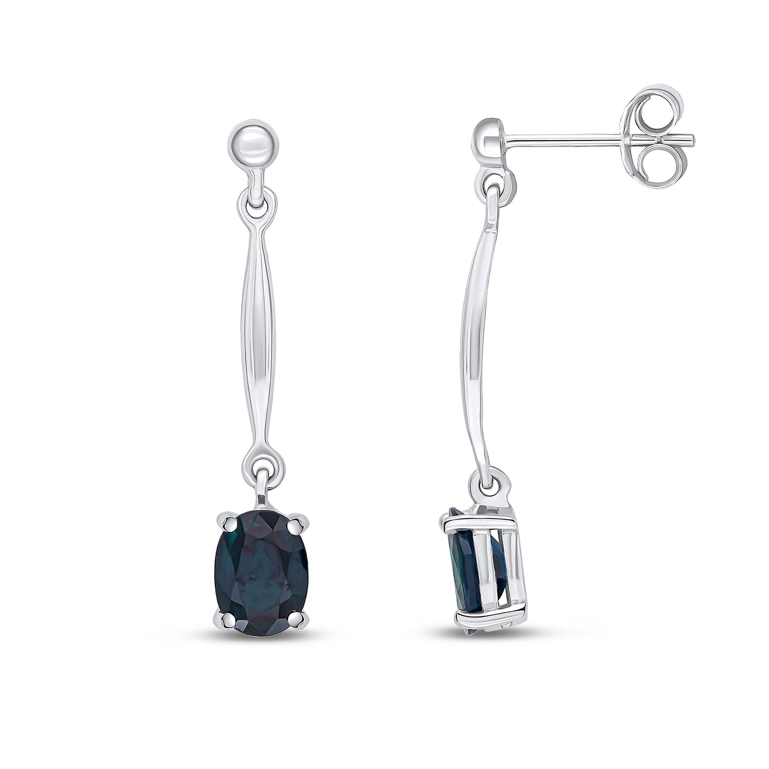 9ct White Gold Oval Natural Sapphire Claw Bar Drop Earrings — 7x5mm