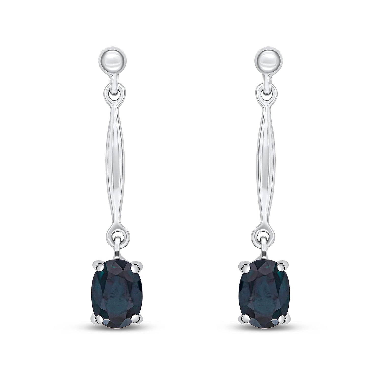 9ct White Gold Oval Natural Sapphire Claw Bar Drop Earrings — 7x5mm