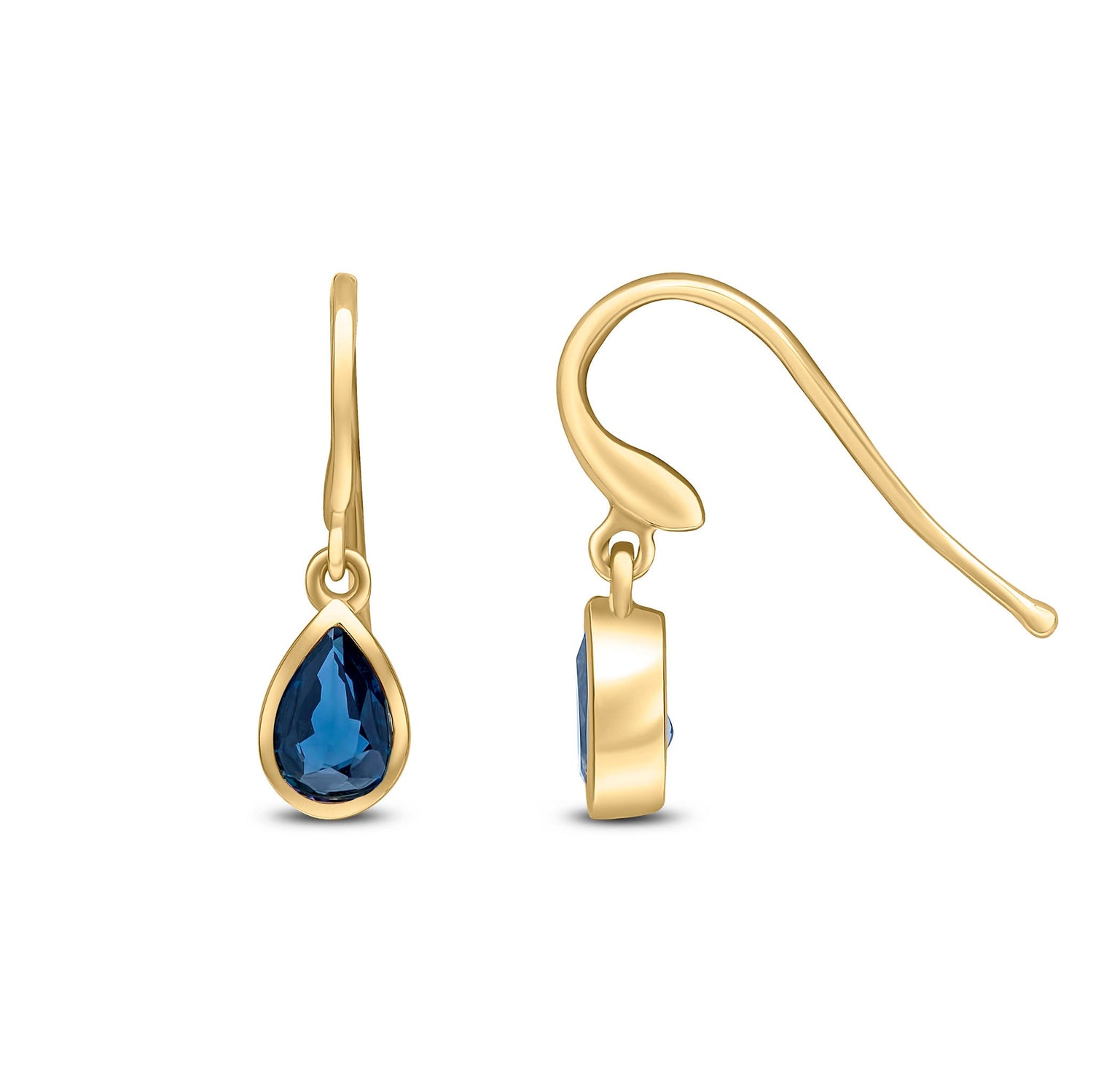 9ct Yellow Gold Pear Shaped Natural Sapphire Rubover Wire Hook Drop Earrings — 6x4mm