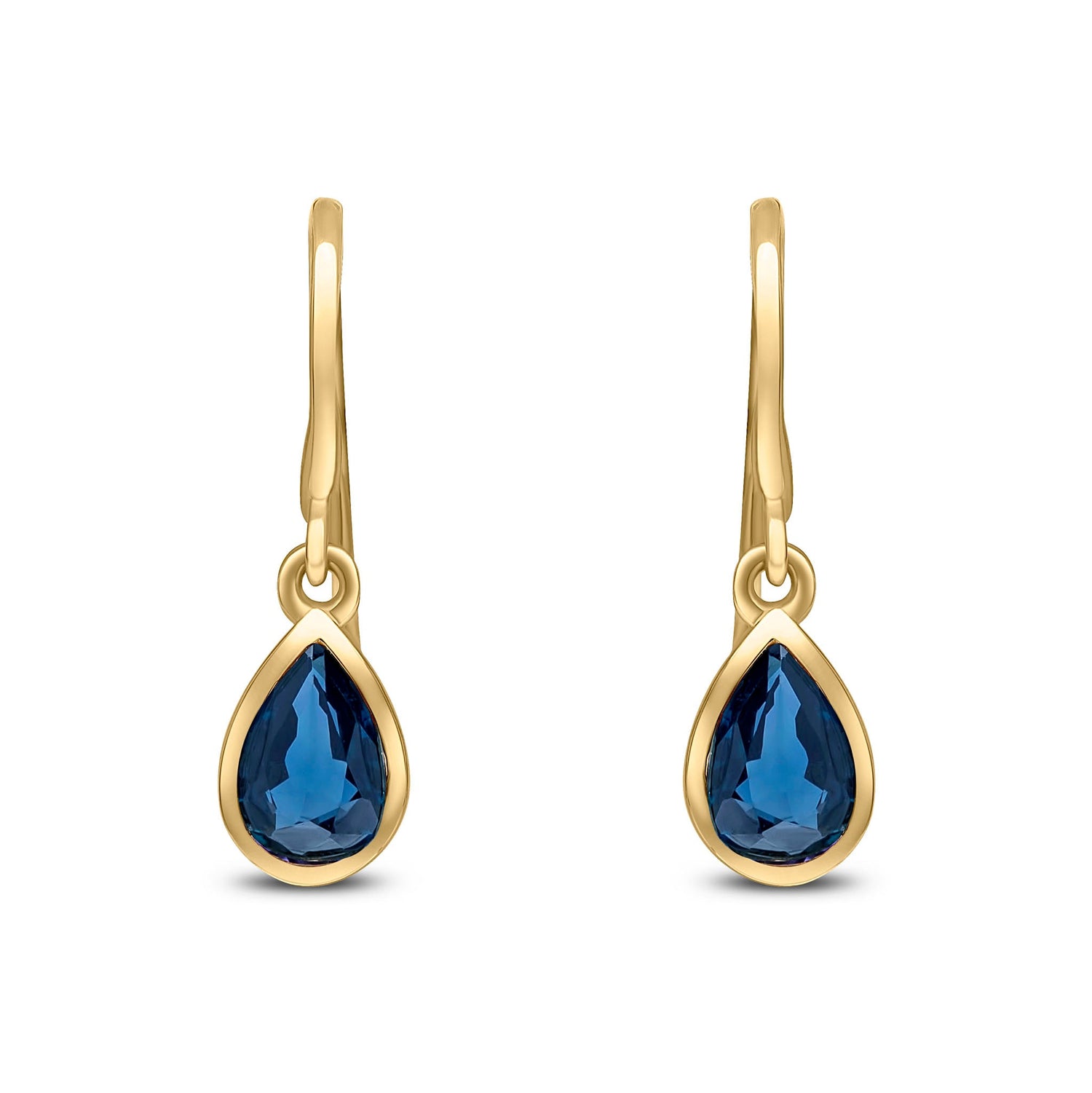 9ct Yellow Gold Pear Shaped Natural Sapphire Rubover Wire Hook Drop Earrings — 6x4mm