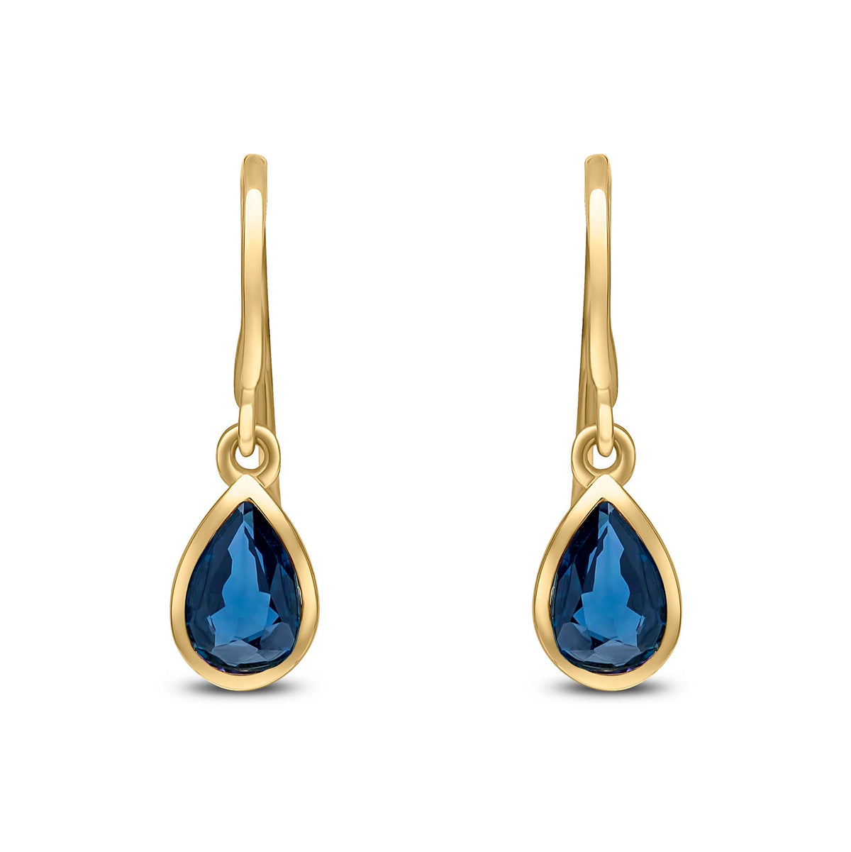 9ct Yellow Gold Pear Shaped Natural Sapphire Rubover Wire Hook Drop Earrings — 6x4mm