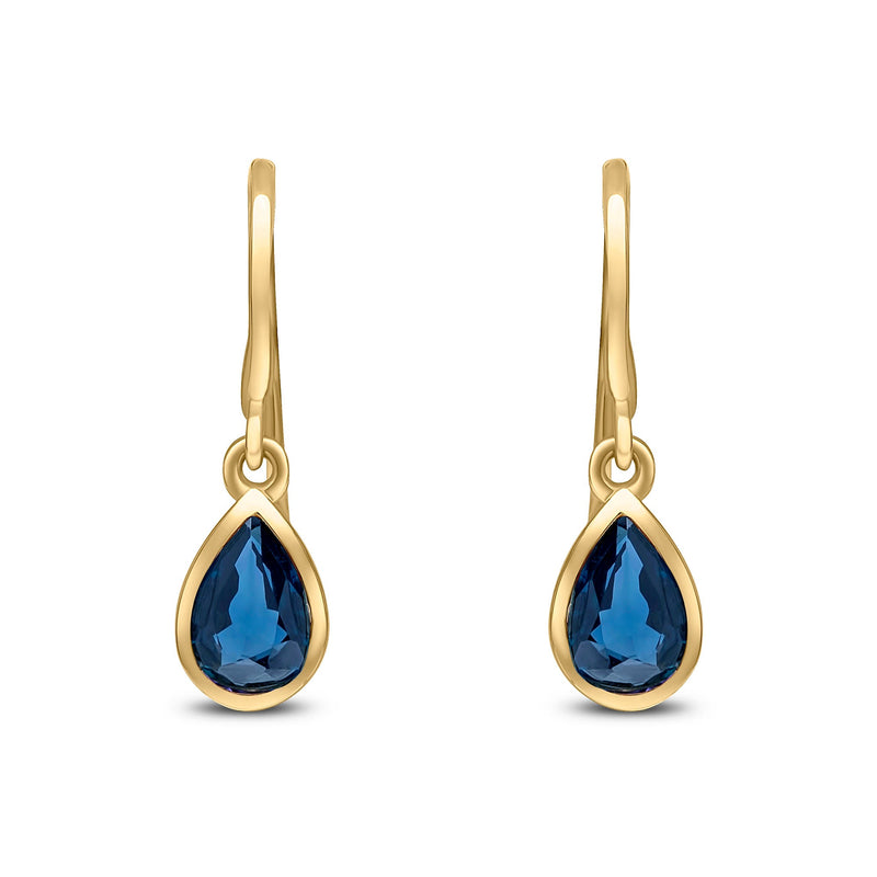 9ct Yellow Gold Pear Shaped Natural Sapphire Rubover Wire Hook Drop Earrings — 6x4mm