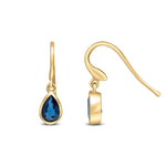 9ct Yellow Gold Pear Shaped Natural Sapphire Rubover Wire Hook Drop Earrings — 6x4mm