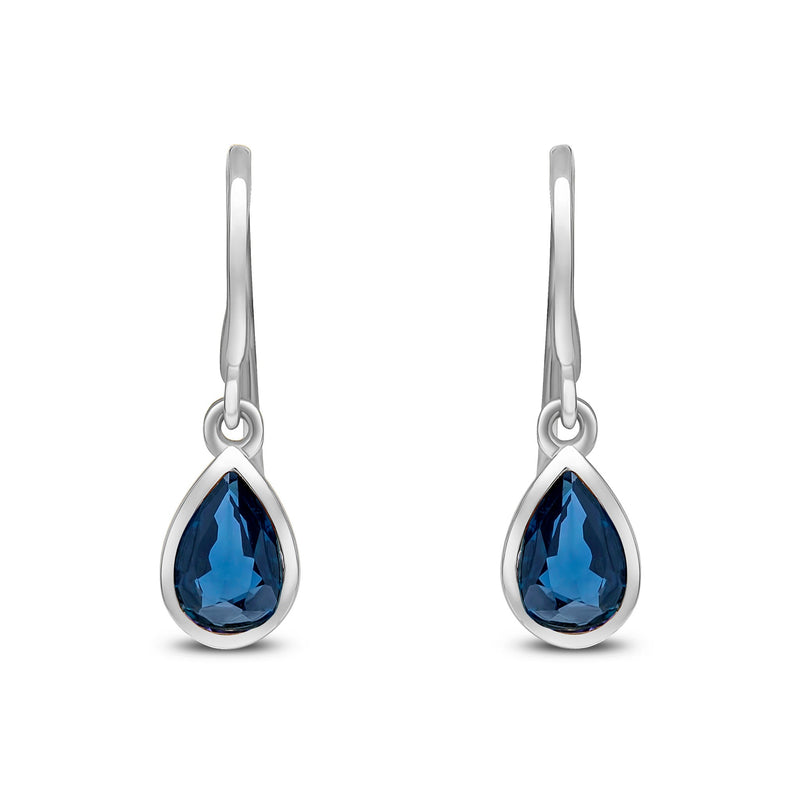 9ct White Gold Pear Shaped Natural Sapphire Rubover Wire Hook Drop Earrings — 6x4mm