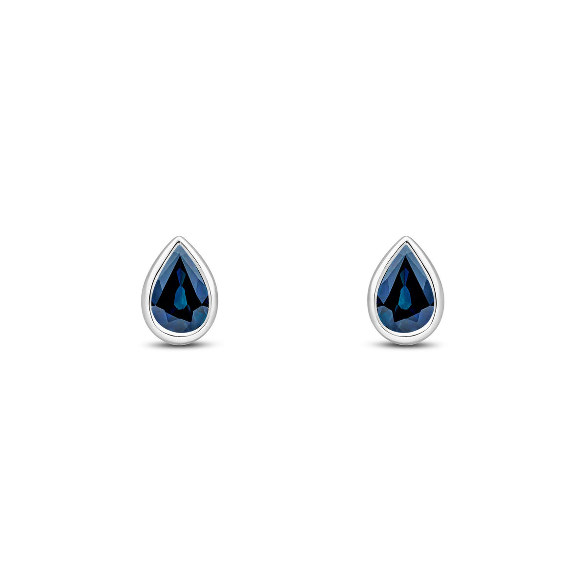 9ct White Gold Pear Shaped Natural Sapphire Rubover Stud Earrings — 6x4mm