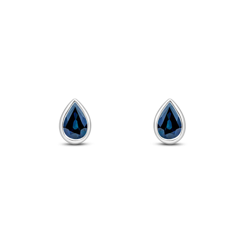 9ct White Gold Pear Shaped Natural Sapphire Rubover Stud Earrings — 6x4mm