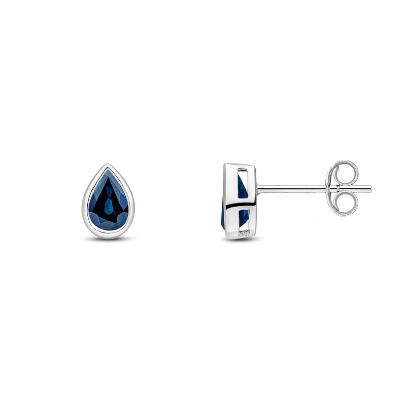 9ct White Gold Pear Shaped Natural Sapphire Rubover Stud Earrings — 6x4mm