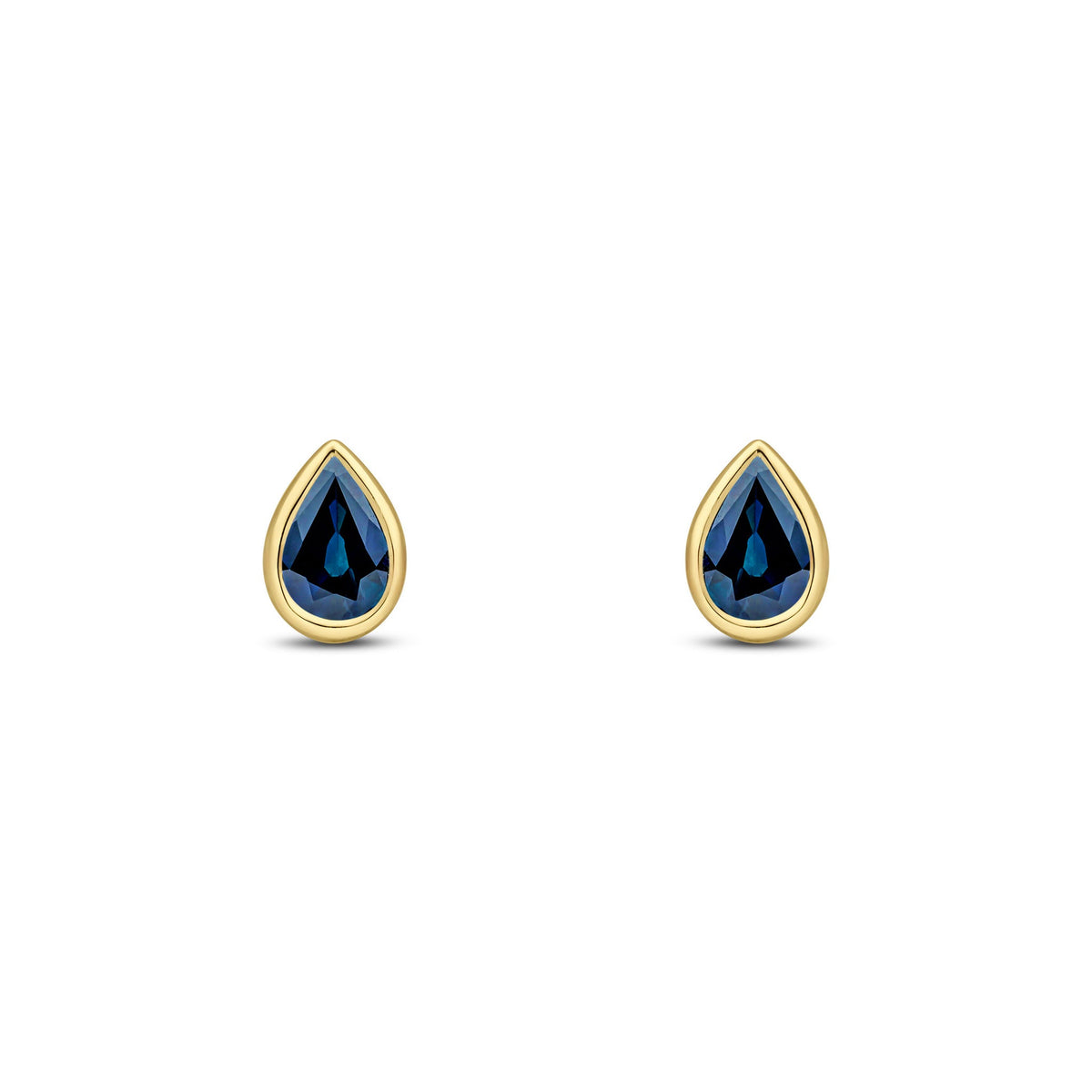 9ct Yellow Gold Pear Shaped Natural Sapphire Rubover Stud Earrings — 6x4mm
