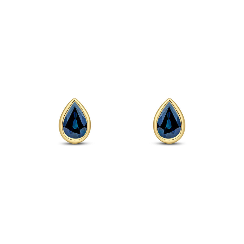 9ct Yellow Gold Pear Shaped Natural Sapphire Rubover Stud Earrings — 6x4mm