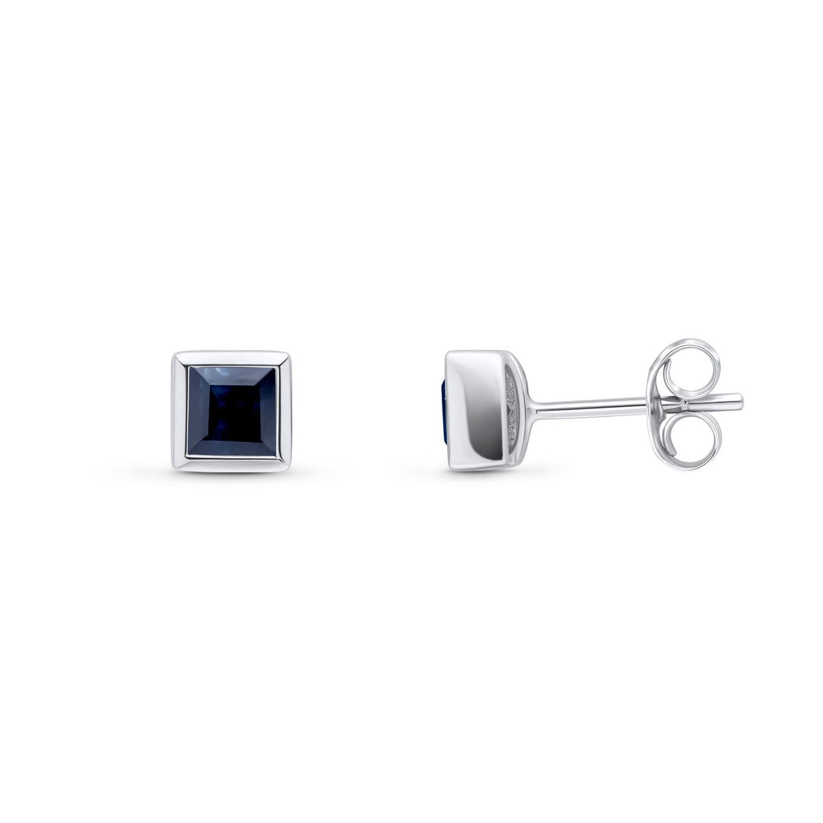 9ct White Gold Square Natural Sapphire Rubover Stud Earrings — 4mm