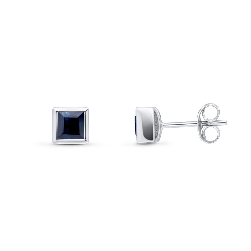 9ct White Gold Square Natural Sapphire Rubover Stud Earrings — 4mm