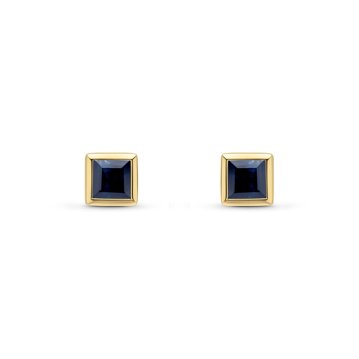 9ct Yellow Gold Square Natural Sapphire Rubover Stud Earrings — 4mm
